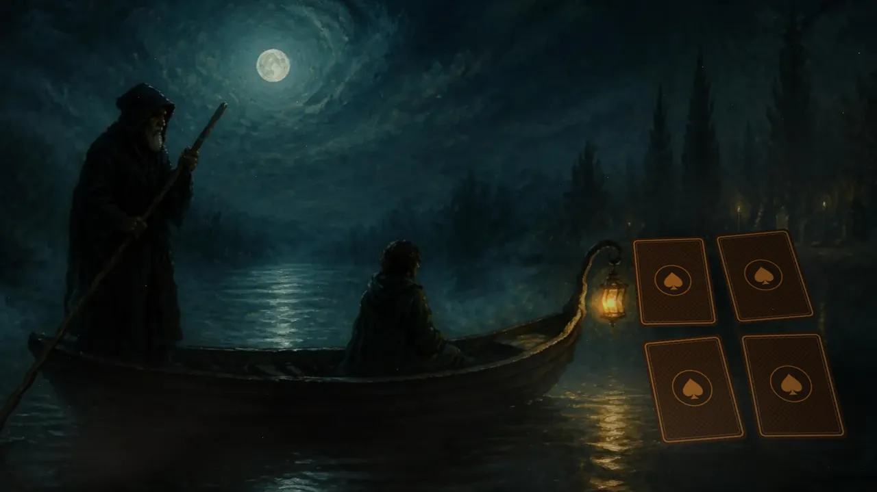 Un passeur mène sa barque sur un fleuve noir sous la lune, une lanterne allumée à la proue. Quatre cartes à jouer flottent au-dessus de l’eau.